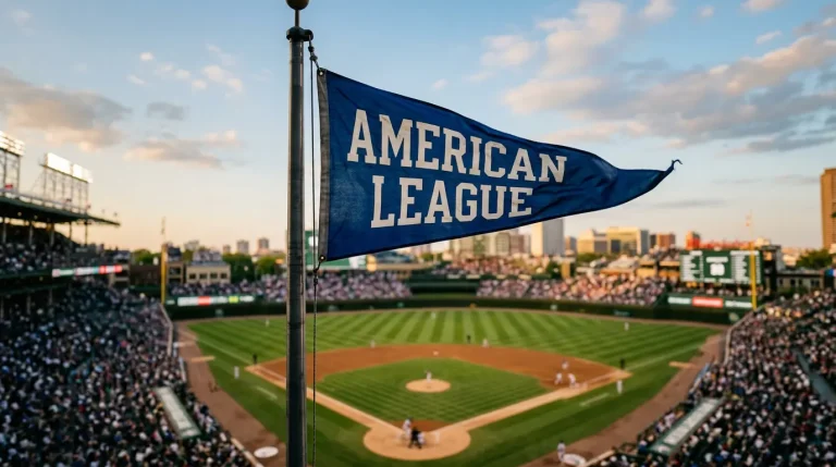 American League pennant flag flying above a Major League baseball stadium during a late afternoon playoff game