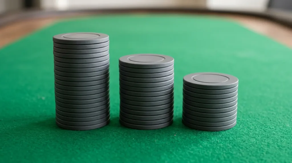 Stack of plain poker chips arranged in three neat columns on a green felt surface, soft overhead lighting