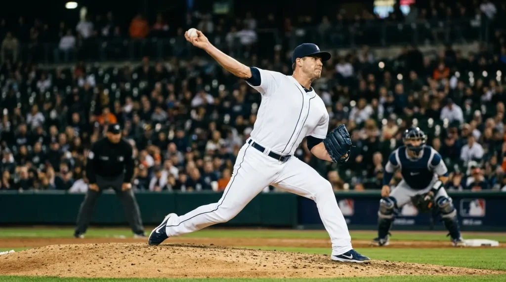 MLB closer mid-pitch at the mound under late-game stadium floodlights with the catcher and umpire visible in soft focus