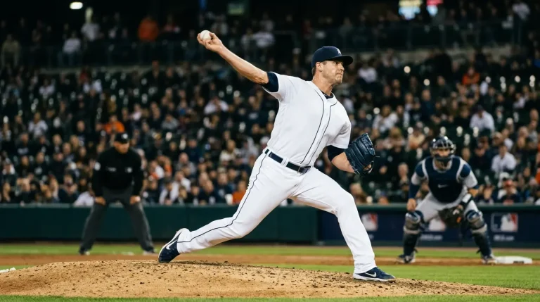 MLB closer mid-pitch at the mound under late-game stadium floodlights with the catcher and umpire visible in soft focus