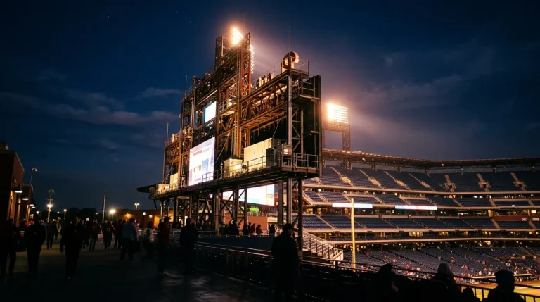 MLB stadium scoreboard at the moment a postseason game ends, lights of the ballpark glowing against the night sky