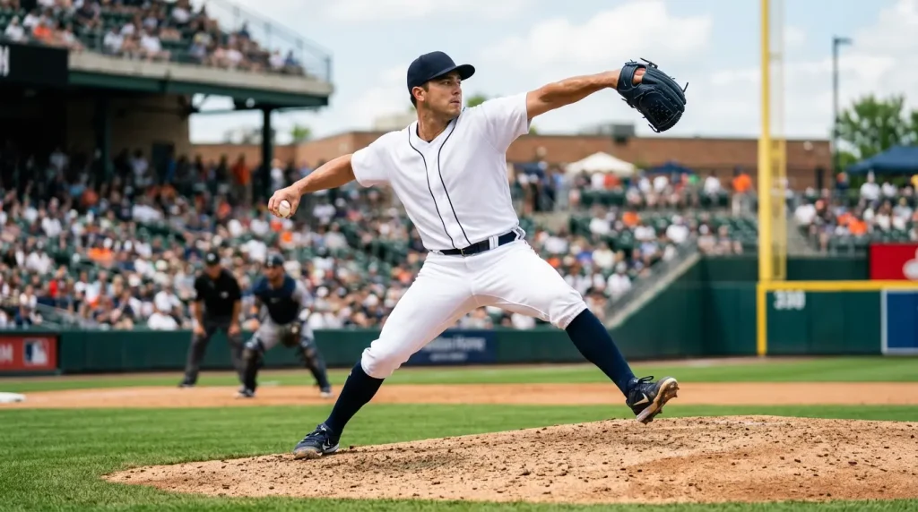 MLB starting pitcher in mid-windup on the mound delivering a fastball during a regular-season game