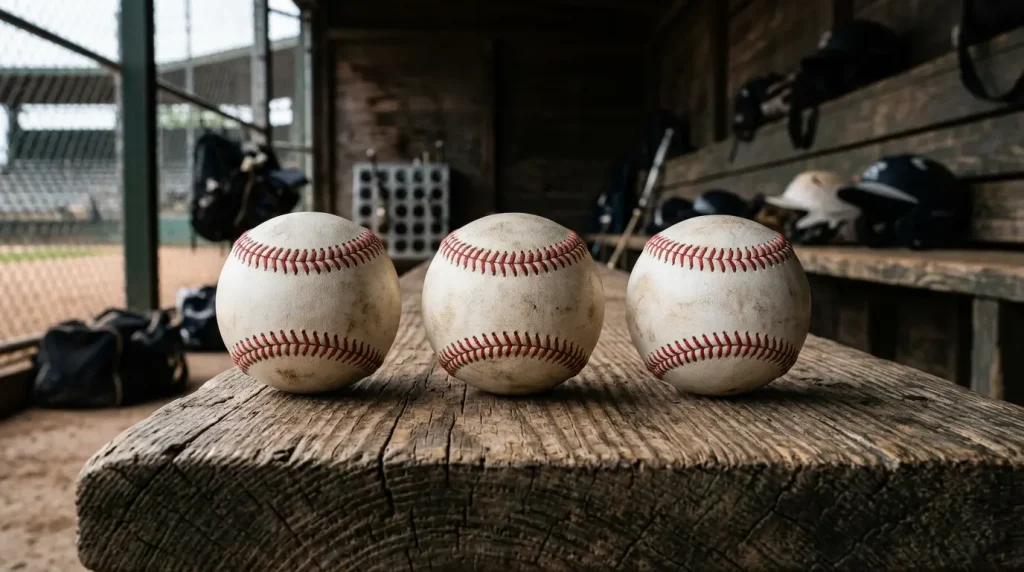 Three baseballs in a row on a wooden dugout bench, evenly spaced, soft daylight from one side