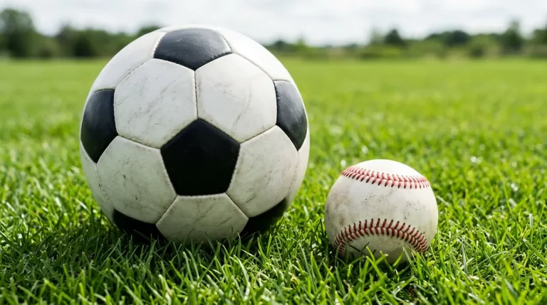 Football and baseball lying side by side on green turf, the football closer to camera, both balls clearly visible