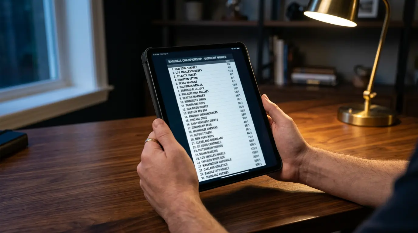 A UK sportsbook tablet showing a 30-team World Series outright board with fractional odds