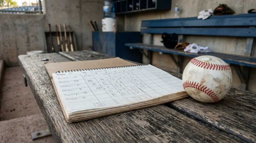 MLB scorer's notebook open on a wooden bench with a baseball resting beside it, hand-written notation visible on the page