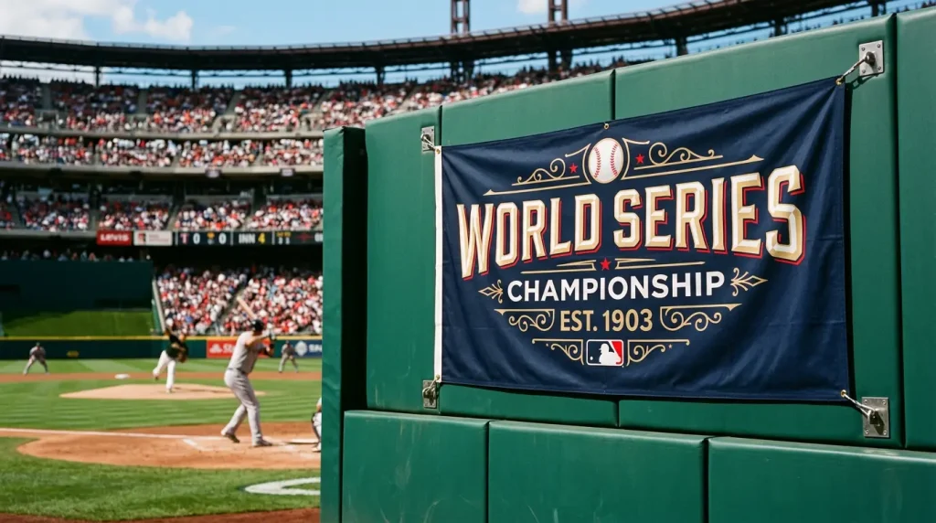MLB World Series banner hanging on a stadium outfield wall during a sunlit afternoon game