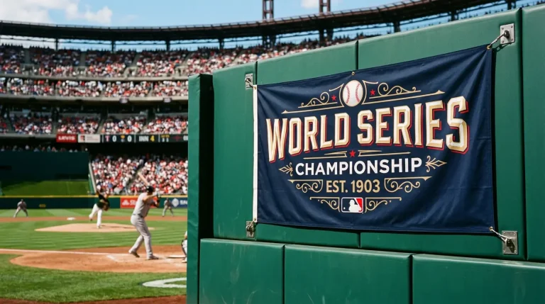 MLB World Series banner hanging on a stadium outfield wall during a sunlit afternoon game