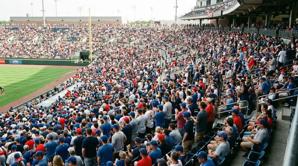 Packed MLB ballpark crowd in the lower bowl during a sunny regular-season day game viewed from the upper deck