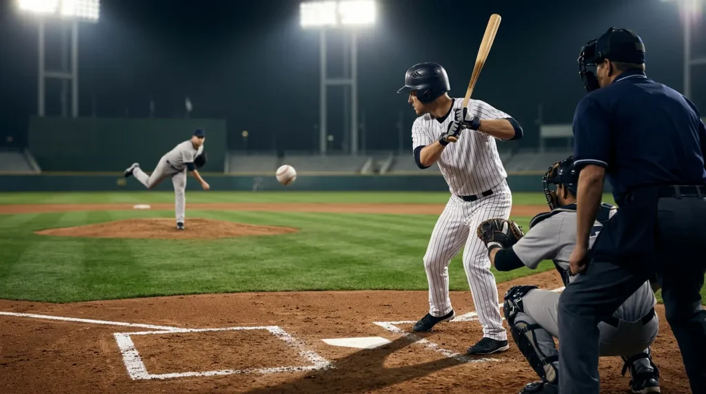 Major League Baseball batter at the plate facing a pitcher mid-delivery with the catcher and umpire behind home plate
