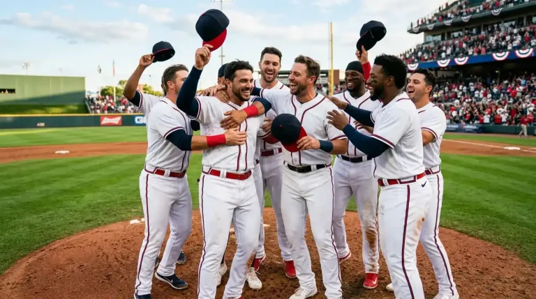 MLB players celebrating a division-clinching moment on the field with caps off, gathered near the pitcher's mound
