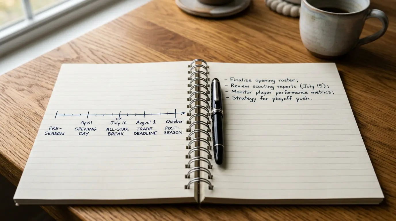 Open spiral notebook with handwritten season-planning notes, pen resting on the page in natural light