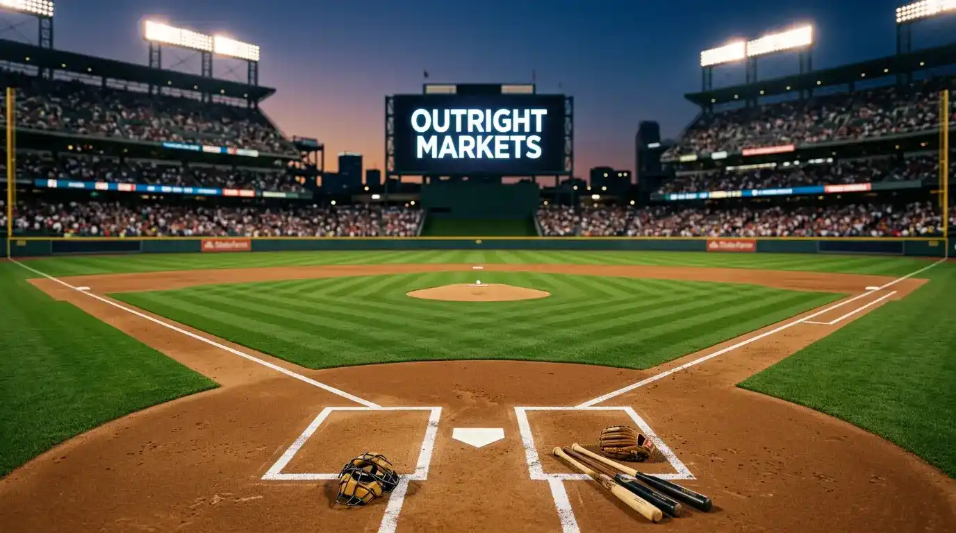 Floodlit MLB ballpark seen from behind home plate at dusk, scoreboard glowing