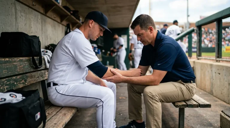 MLB pitcher seated on a dugout bench with an athletic trainer examining his throwing arm during a regular-season game