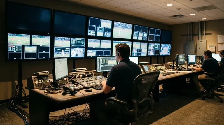 MLB stadium control room interior with multiple plain monitors visible on a back wall, viewed over an operator's shoulder