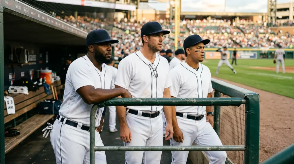 MLB players in the dugout watching the field intently during a tight late-season game that decides their playoff fate