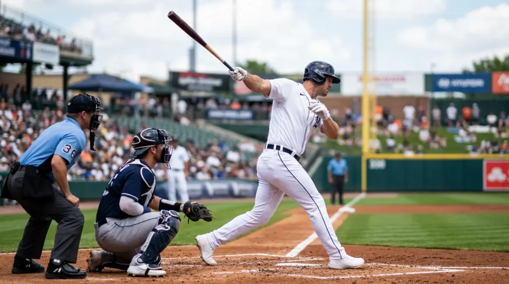 MLB batter at home plate finishing a powerful swing during a Major League regular-season game with the crowd in the background