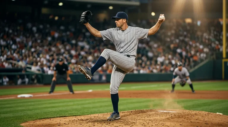Major League Baseball pitcher in mid-windup on the mound under stadium floodlights