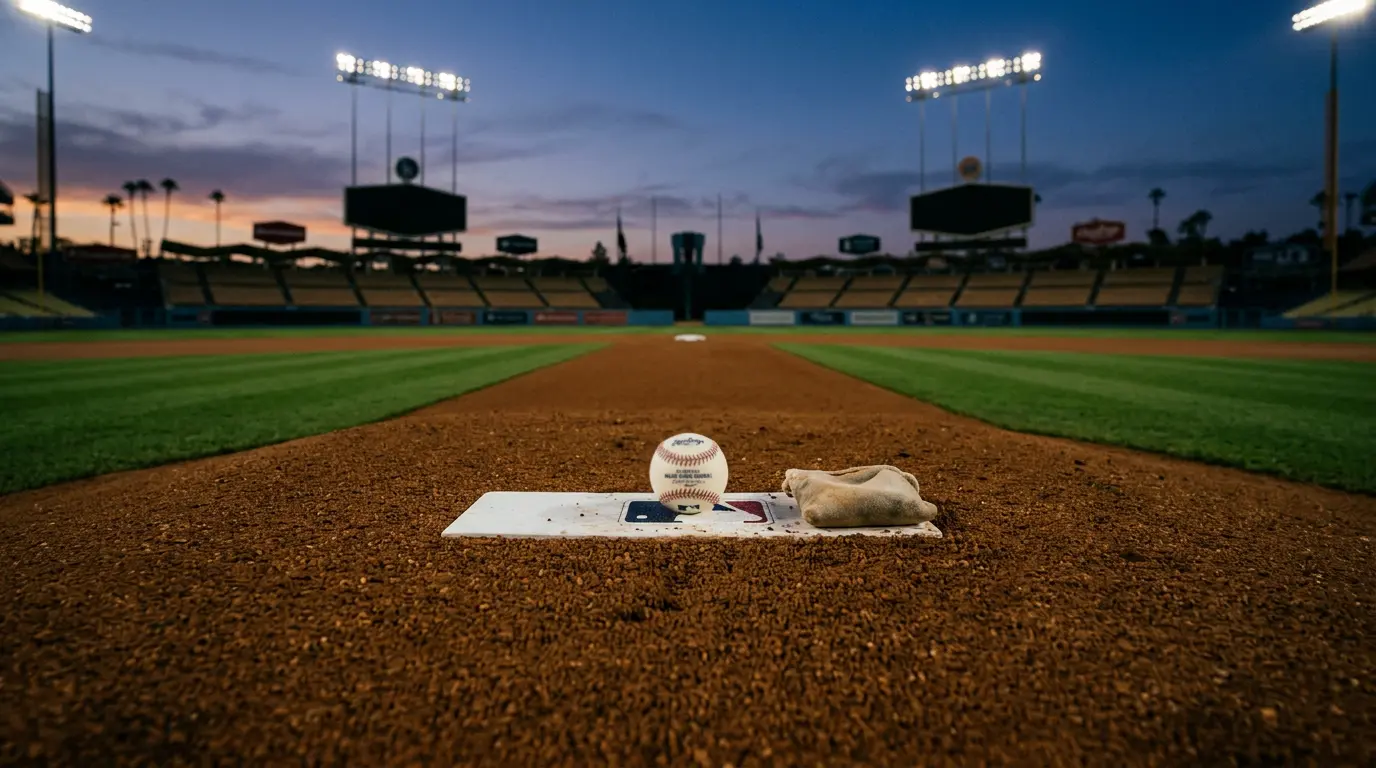 Empty pitching mound on a Major League diamond at twilight, ball and rosin bag in the foreground