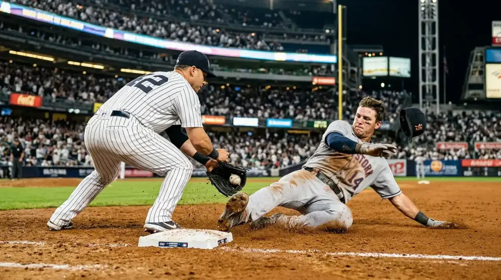 Major League Baseball runner sliding into second base in a cloud of infield dirt as the fielder reaches with the glove for the tag
