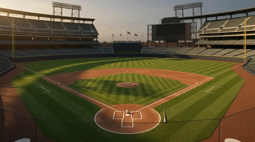 Wide view of a Major League Baseball stadium with the diamond and outfield lit by golden-hour sunlight before first pitch