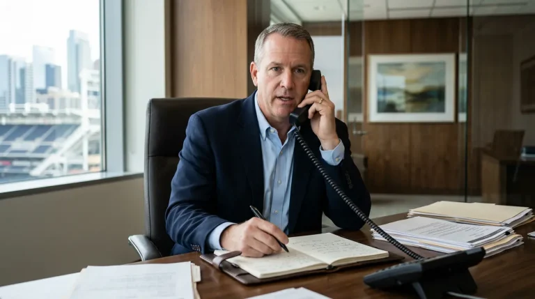 MLB front office executive at a desk speaking into a phone with paperwork spread in front of him