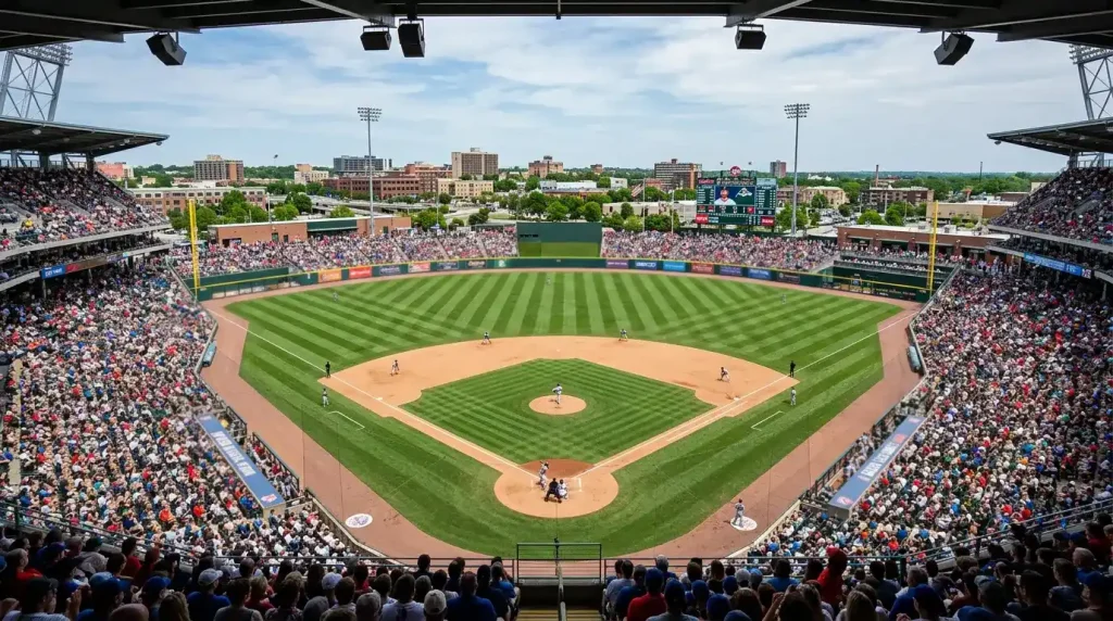 Wide view of an MLB ballpark during a packed regular-season game with players on the diamond and a full crowd in the stands