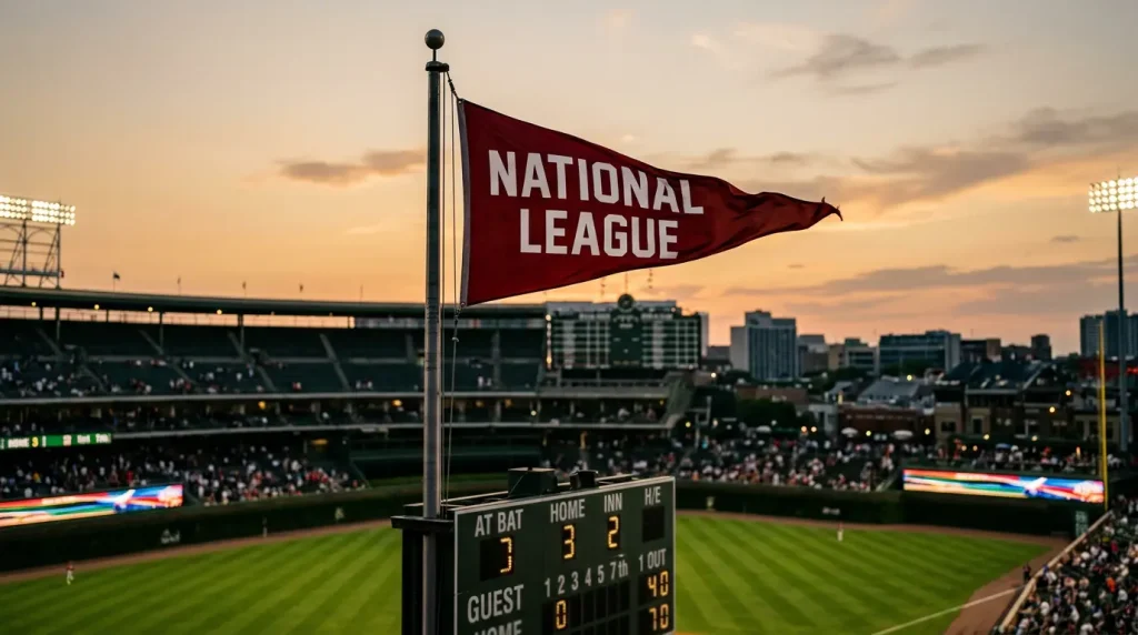 National League pennant flag waving above a Major League baseball stadium scoreboard at dusk