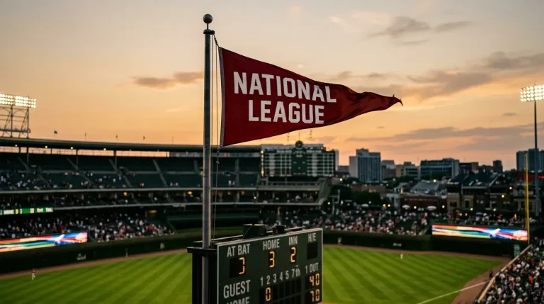 National League pennant flag waving above a Major League baseball stadium scoreboard at dusk
