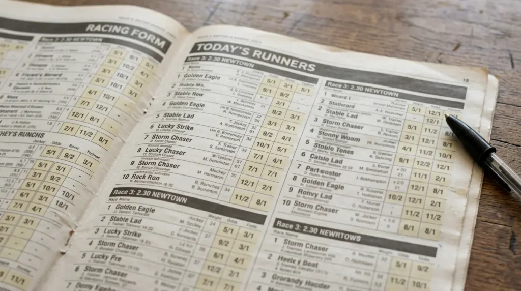 Close-up of a printed UK racing form newspaper page with fractional odds visible in the listings, on a wooden desk