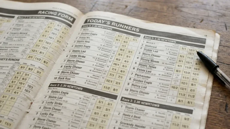 Close-up of a printed UK racing form newspaper page with fractional odds visible in the listings, on a wooden desk