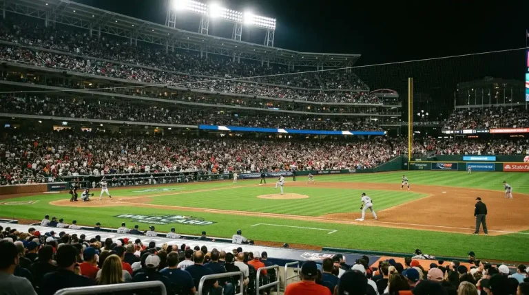 MLB ballpark interior viewed from behind home plate during a wild card series night game with both teams on the field