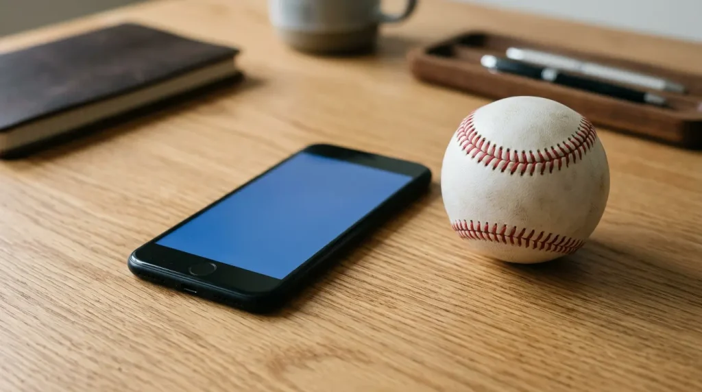 Smartphone lying on a wooden desk next to a baseball, screen showing a generic blue interface with no readable text