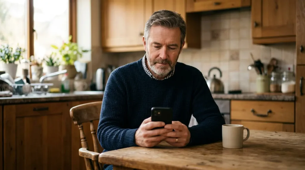 UK punter sitting at a kitchen table with a smartphone in hand reviewing an account settings screen, calm domestic light
