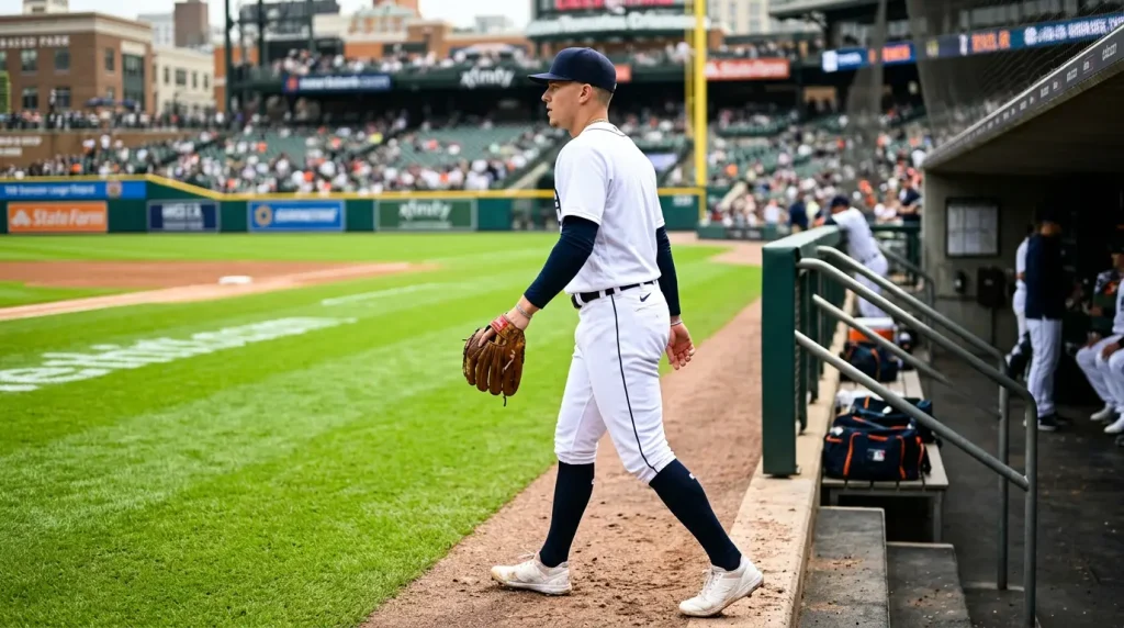 Young MLB position player in fresh uniform stepping onto the field for his major league debut, glove in hand, looking out at the diamond