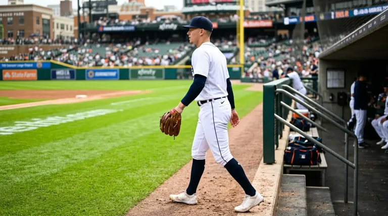 Young MLB position player in fresh uniform stepping onto the field for his major league debut, glove in hand, looking out at the diamond