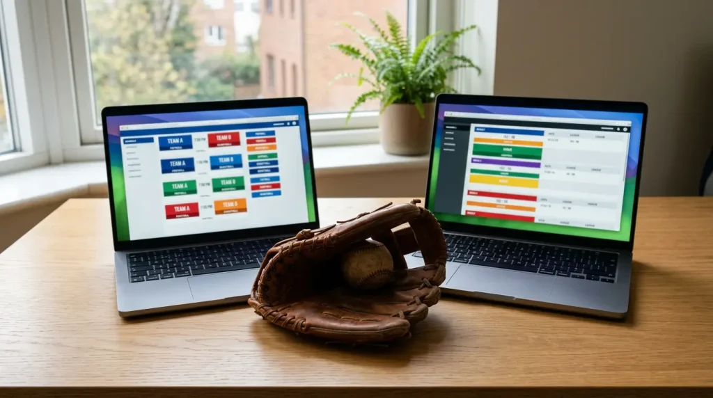 Two open laptops side by side on a desk, both displaying generic sports listings, with a baseball glove resting between them