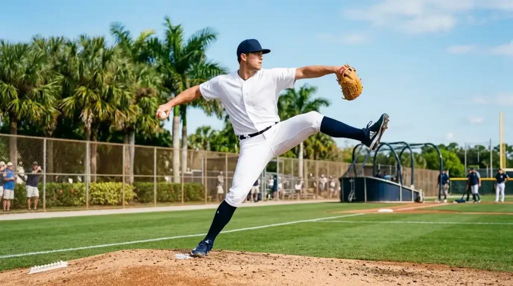 MLB pitcher in mid-windup at a spring training facility under bright morning Florida light, palm trees visible behind the outfield
