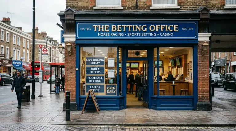Traditional British high-street bookmaker shop frontage on a London street with the shop sign visible above the door