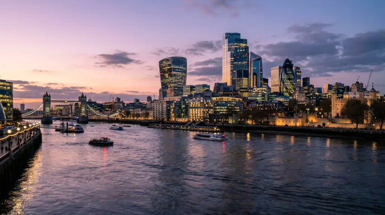 City of London skyline at dusk featuring office towers, viewed from across the Thames
