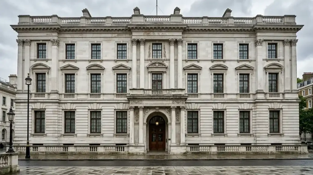 Generic UK government office building exterior in Whitehall on a grey overcast British morning