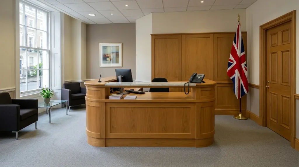 British regulator office reception desk with a wooden counter and a UK flag standing in the corner of the lobby