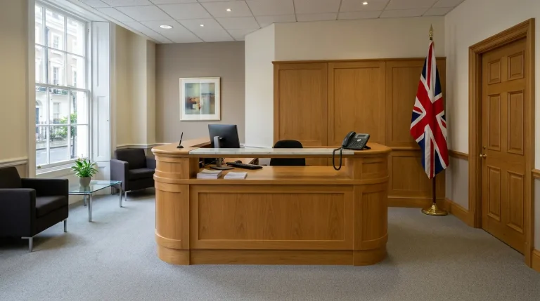 British regulator office reception desk with a wooden counter and a UK flag standing in the corner of the lobby