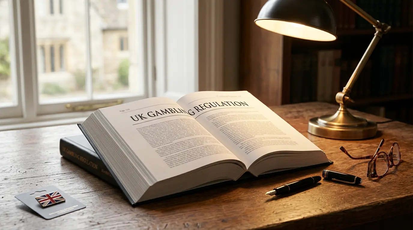Close-up of an open UK regulatory rulebook resting on a polished wooden desk in soft daylight