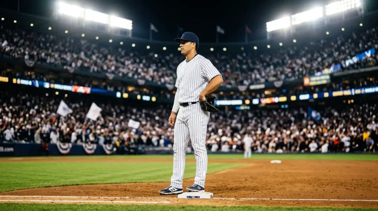 MLB player standing on the infield dirt during a World Series game under stadium floodlights at night