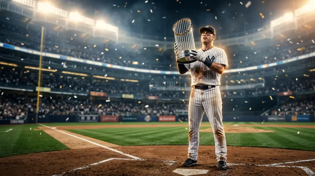 The Commissioner's Trophy raised on a floodlit Major League Baseball diamond after a World Series win